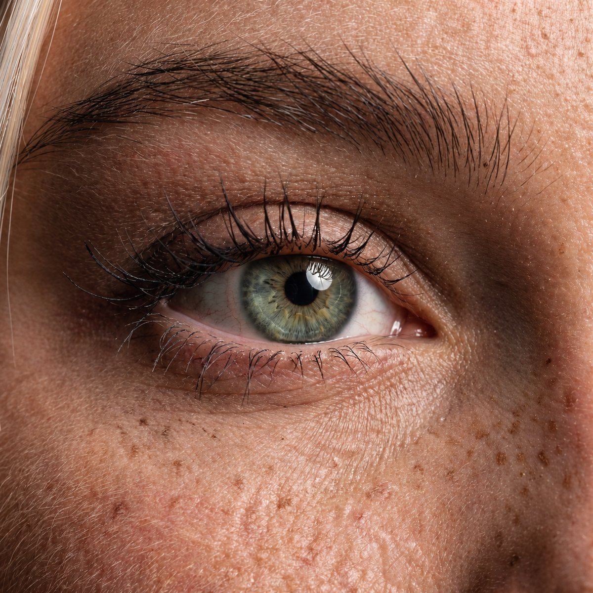 Close detail of an eye showing iris fibre and skin texture